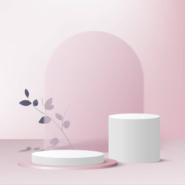 Pembe renkli geometrik üç boyutlu podyumlarla soyut arkaplan. Vektör illüstrasyonu