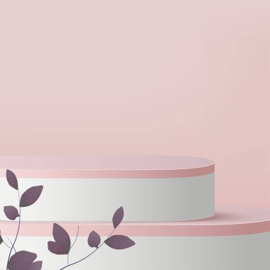 Pembe renkli geometrik üç boyutlu podyumlarla soyut arkaplan. Vektör illüstrasyonu