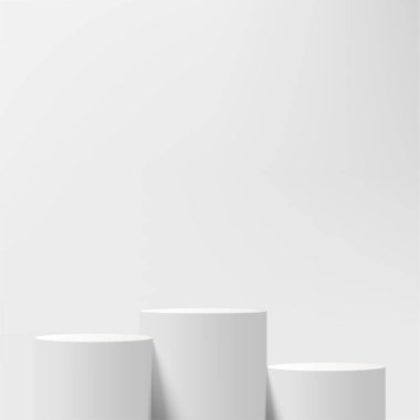 3d white color podium and minimal white color wall scene. 3d podium minimal abstract background. Pastel color abstract room design. Vector illustration