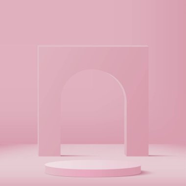 Pembe renkli geometrik üç boyutlu podyumlarla soyut arkaplan. Vektör illüstrasyonu