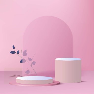 Pembe renkli geometrik üç boyutlu podyumlarla soyut arkaplan. Vektör illüstrasyonu