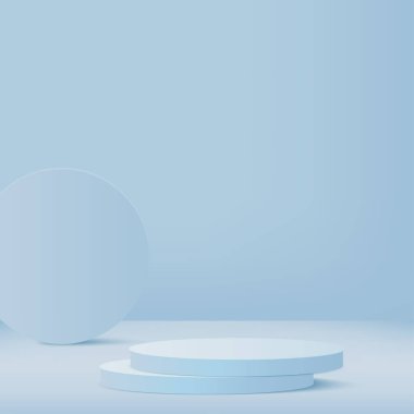 3d blue color podium and minimal blue color wall scene. 3d podium minimal abstract background. Pastel color abstract room design. Vector illustration