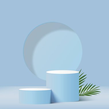3d blue color podium and minimal blue color wall scene. 3d podium minimal abstract background. Pastel color abstract room design. Vector illustration