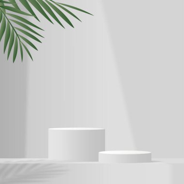 3d gray color podium and minimal white color wall scene. 3d podium minimal abstract background. Vector illustration