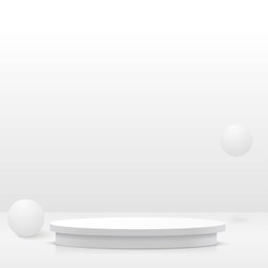 3d gray color podium and minimal white color wall scene. 3d podium minimal abstract background. Vector illustration