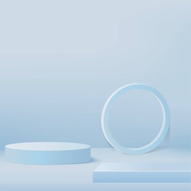 3d blue color podium and minimal blue color wall scene. 3d podium minimal abstract background. Pastel color abstract room design. Vector illustration