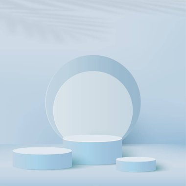 3d blue color podium and minimal blue color wall scene. 3d podium minimal abstract background. Pastel color abstract room design. Vector illustration