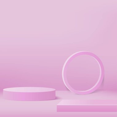 3d pink color podium and minimal pink color wall scene. 3d podium minimal abstract background. Pastel color abstract room design. Vector illustration