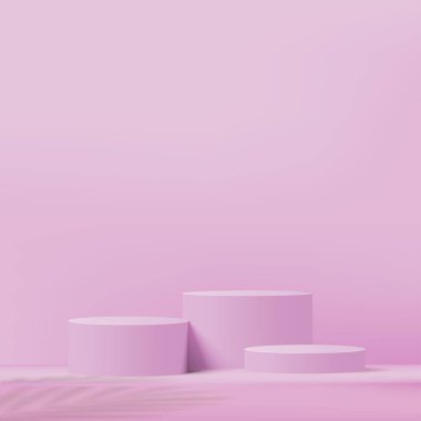 3d pink color podium and minimal pink color wall scene. 3d podium minimal abstract background. Pastel color abstract room design. Vector illustration