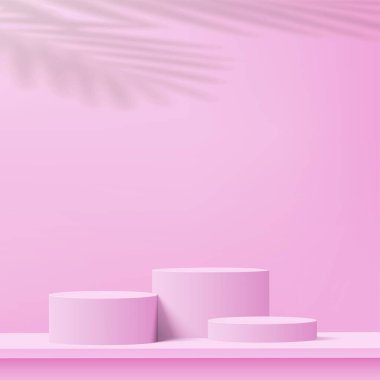 3d pink color podium and minimal pink color wall scene. 3d podium minimal abstract background. Pastel color abstract room design. Vector illustration
