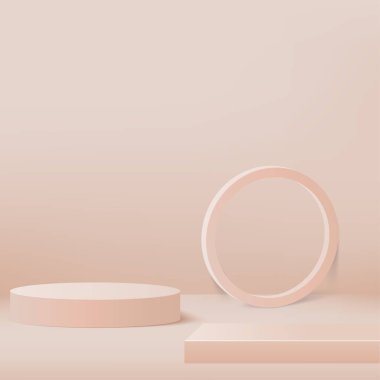 3d cream color podium and minimal cream color wall scene. 3d podium minimal abstract background. Pastel color abstract room design. Vector illustration