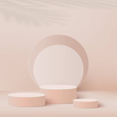 3d cream color podium and minimal cream color wall scene. 3d podium minimal abstract background. Pastel color abstract room design. Vector illustration