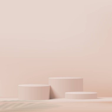 3d cream color podium and minimal cream color wall scene. 3d podium minimal abstract background. Pastel color abstract room design. Vector illustration