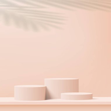 3d cream color podium and minimal cream color wall scene. 3d podium minimal abstract background. Pastel color abstract room design. Vector illustration