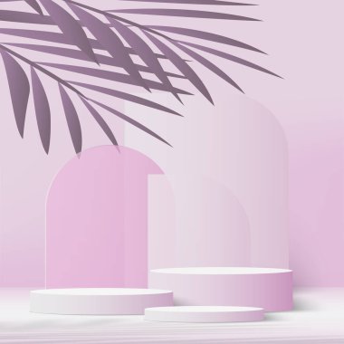 3d pink color podium and minimal pink color wall scene. 3d podium minimal abstract background. Pastel color abstract room design. Vector illustration