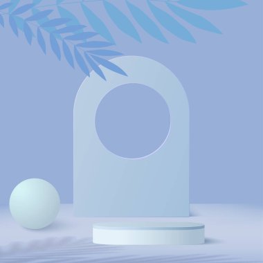 3D mavi renkli podyum ve en az mavi renkli duvar sahnesi. 3D podyum, soyut arkaplan. Vektör illüstrasyonu