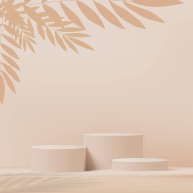 3D krem rengi podyum ve en az krem rengi duvar sahnesi. Pastel rengi soyut oda tasarımı. Vektör illüstrasyonu
