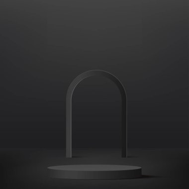 3D siyah renkli podyum ve asgari siyah duvar sahnesi. 3D podyum, soyut arkaplan. Vektör illüstrasyonu