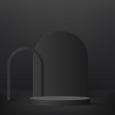 3D siyah renkli podyum ve asgari siyah duvar sahnesi. 3D podyum, soyut arkaplan. Vektör illüstrasyonu