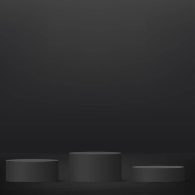 3D siyah renkli podyum ve asgari siyah duvar sahnesi. 3D podyum, soyut arkaplan. Vektör illüstrasyonu