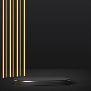 3D siyah renkli podyum ve asgari siyah duvar sahnesi. 3D podyum, soyut arkaplan. Vektör illüstrasyonu