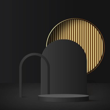 3D siyah renkli podyum ve asgari siyah duvar sahnesi. 3D podyum, soyut arkaplan. Vektör illüstrasyonu