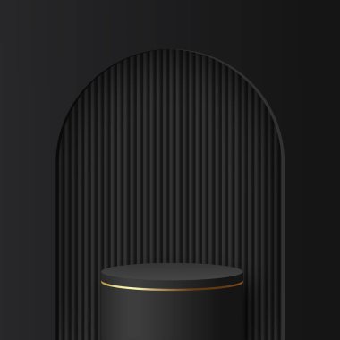 3D siyah renkli podyum ve asgari siyah duvar sahnesi. 3D podyum, soyut arkaplan. Vektör illüstrasyonu