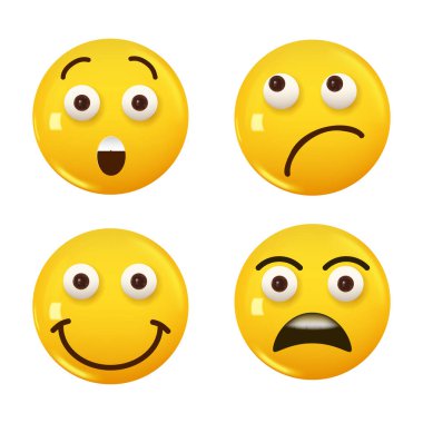 3D ikon sarı renkli gülümseme emojisi seti. Vektör illüstrasyonu