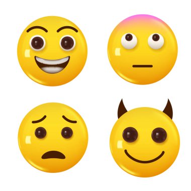 3D ikon sarı renkli gülümseme emojisi seti. Vektör illüstrasyonu