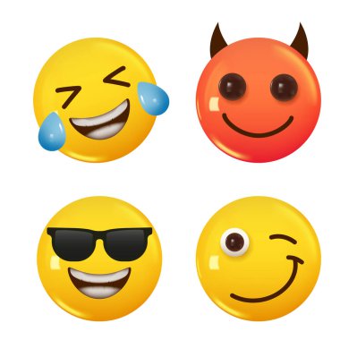 3D ikon sarı renkli gülümseme emojisi seti. Vektör illüstrasyonu