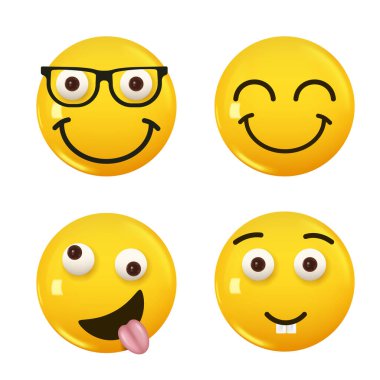 3D ikon sarı renkli gülümseme emojisi seti. Vektör illüstrasyonu