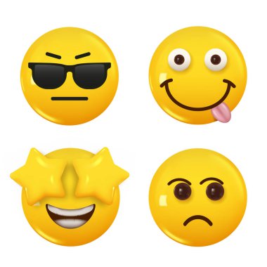 3D ikon sarı renkli gülümseme emojisi seti. Vektör illüstrasyonu