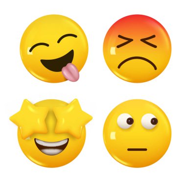 3D ikon sarı renkli gülümseme emojisi seti. Vektör illüstrasyonu