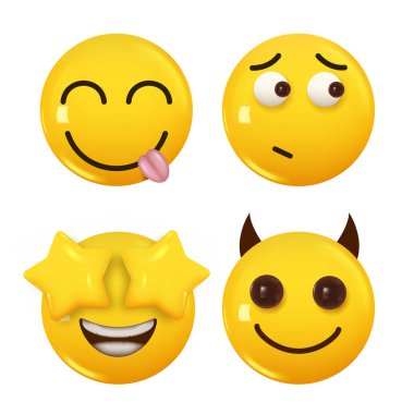 3D ikon sarı renkli gülümseme emojisi seti. Vektör illüstrasyonu