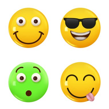 3D ikon sarı renkli gülümseme emojisi seti. Icon Smile Emoji 'yi ayarla. Vektör illüstrasyonu