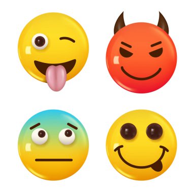 3D ikon sarı renkli gülümseme emojisi seti. Icon Smile Emoji 'yi ayarla. Vektör illüstrasyonu