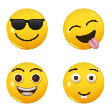 3D ikon sarı renkli gülümseme emojisi seti. Icon Smile Emoji 'yi ayarla. Vektör illüstrasyonu