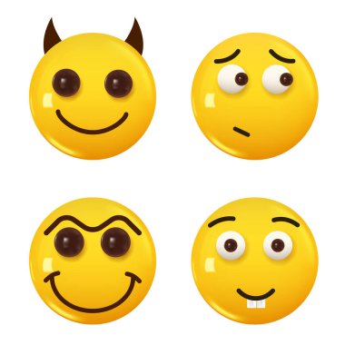 3D ikon sarı renkli gülümseme emojisi seti. Icon Smile Emoji 'yi ayarla. Vektör illüstrasyonu