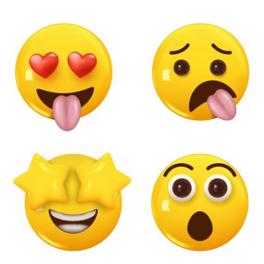 3D ikon sarı renkli gülümseme emojisi seti. Icon Smile Emoji 'yi ayarla. Vektör illüstrasyonu