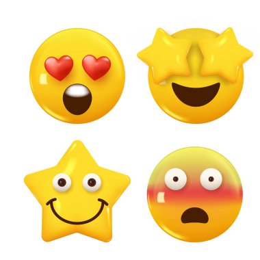 3D ikon sarı renkli gülümseme emojisi seti. Icon Smile Emoji 'yi ayarla. Vektör illüstrasyonu