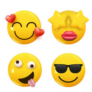 3D ikon sarı renkli gülümseme emojisi seti. Icon Smile Emoji 'yi ayarla. Vektör illüstrasyonu