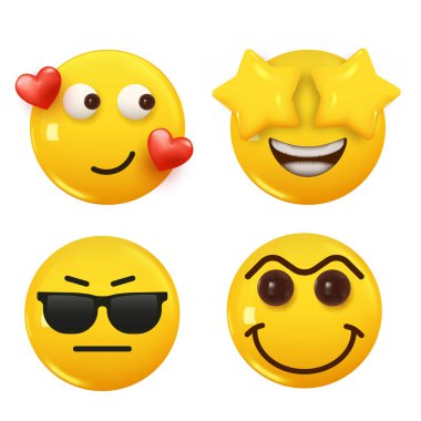 3D ikon sarı renkli gülümseme emojisi seti. Icon Smile Emoji 'yi ayarla. Vektör illüstrasyonu