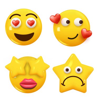3D ikon sarı renkli gülümseme emojisi seti. Icon Smile Emoji 'yi ayarla. Vektör illüstrasyonu