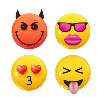 3D ikon sarı renkli gülümseme emojisi seti. Icon Smile Emoji 'yi ayarla. Vektör illüstrasyonu