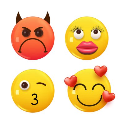 3D ikon sarı renkli gülümseme emojisi seti. Icon Smile Emoji 'yi ayarla. Vektör illüstrasyonu