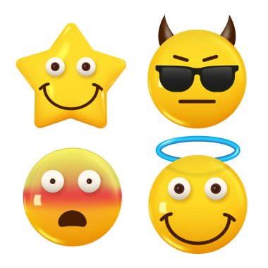 3D ikon sarı renkli gülümseme emojisi seti. Icon Smile Emoji 'yi ayarla. Vektör illüstrasyonu