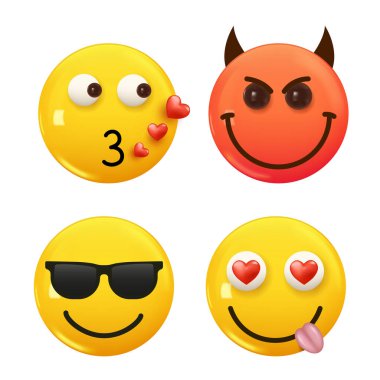 3D ikon sarı renkli gülümseme emojisi seti. Icon Smile Emoji 'yi ayarla. Vektör illüstrasyonu