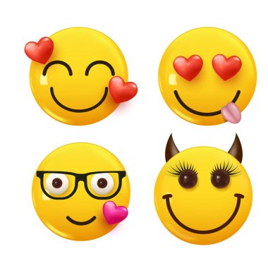 3D ikon sarı renkli gülümseme emojisi seti. Icon Smile Emoji 'yi ayarla. Vektör illüstrasyonu