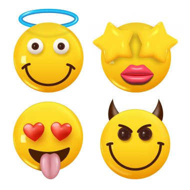 3D ikon sarı renkli gülümseme emojisi seti. Icon Smile Emoji 'yi ayarla. Vektör illüstrasyonu