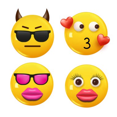 3D ikon sarı renkli gülümseme emojisi seti. Icon Smile Emoji 'yi ayarla. Vektör illüstrasyonu